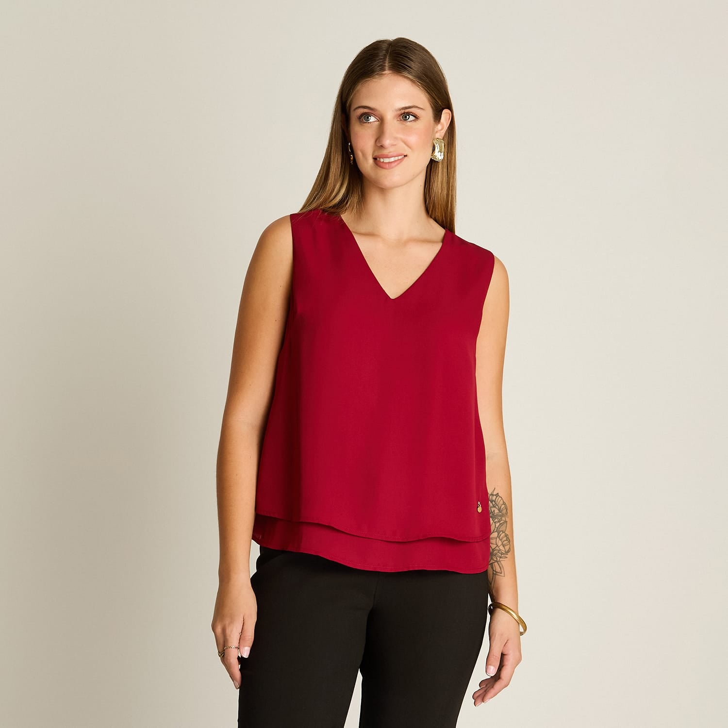 Blusa Rojo Sin Mangas Elasticidad Media Sin Forro Calce Normal Tela Plano